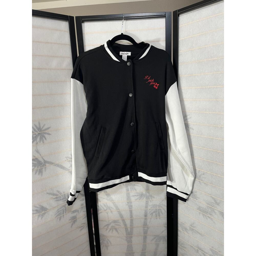 Refuge Unisex Varsity Bomber Jacket Small Black White Snap Cherry Embroidery